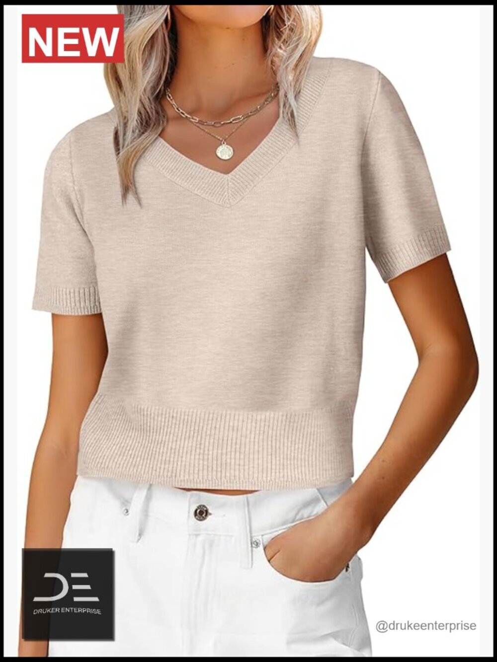 Short Sleeve Cropped V-Neck Lightweight Pullover Sweater Top